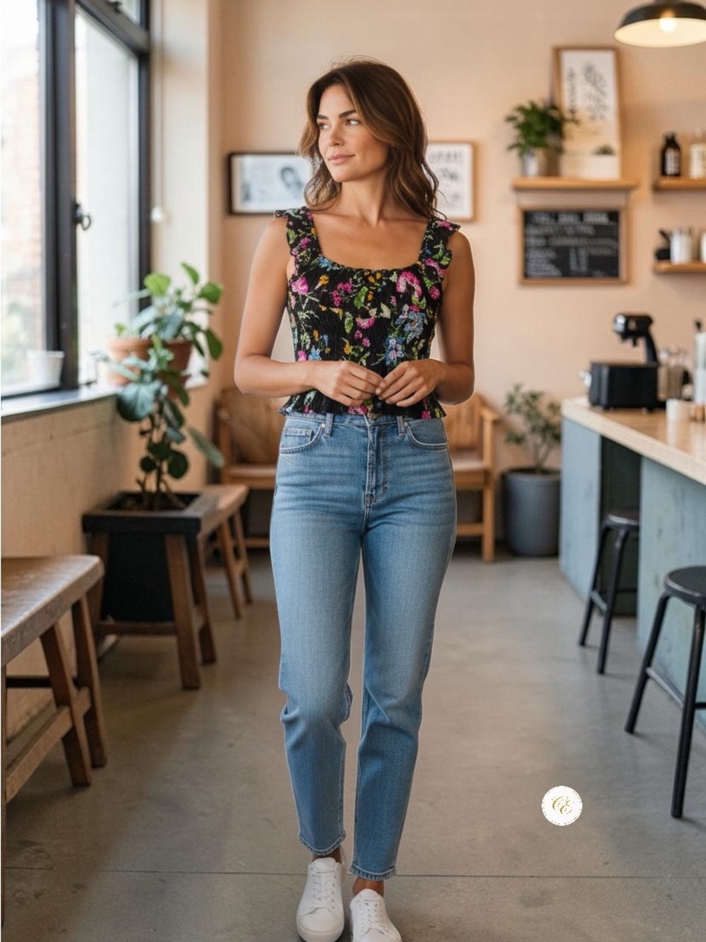 MISA Black Floral Smocked Crop Top | Romantic Ruffle Strap Blouse| Size S